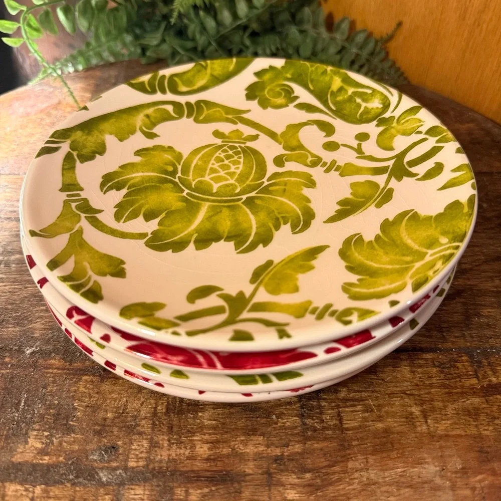 Pier 1 Imports Floral Earthenware Salad Plates Set of 4 Red Green White 7